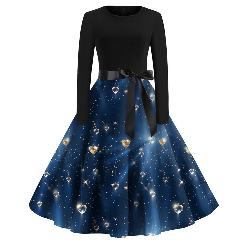 Women's Printed Round Neck Big Hem  Skirt Pleated Skirt Long Sleeved Dress Dress
