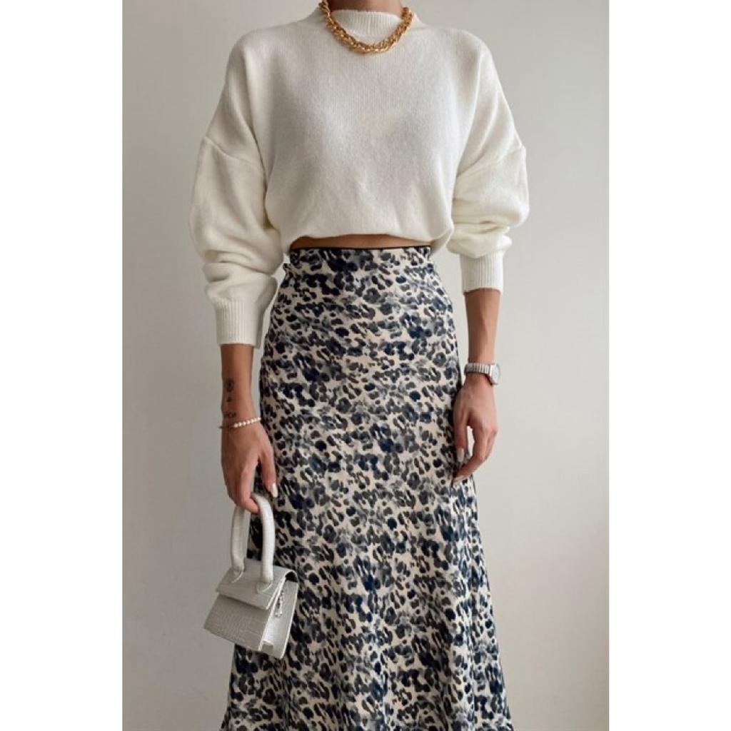Leopard Pattern Satin Midi Length Brown Skirt