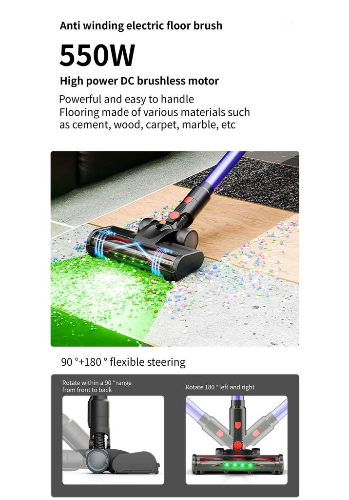 550W Cordless Vacuum Cleaner, 35kPa Suction, Perfect for Carpet and Pet Hair