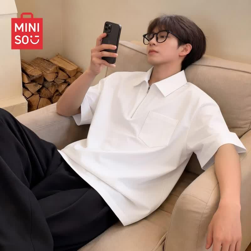 MINISO Men s Half-Zip Lapel Short Sleeve Shirt 3XL