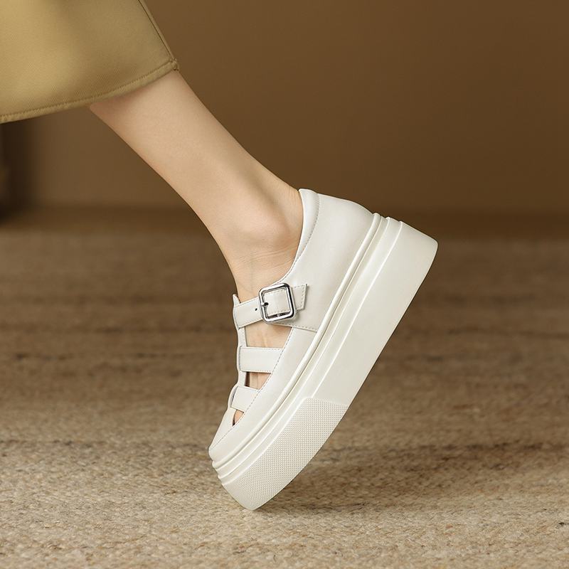 Krazing Pot Baskets en cuir véritable pour femme, chaussures décontractées, printemps, automne, été, plateforme, sangles à boucle, couleur argent