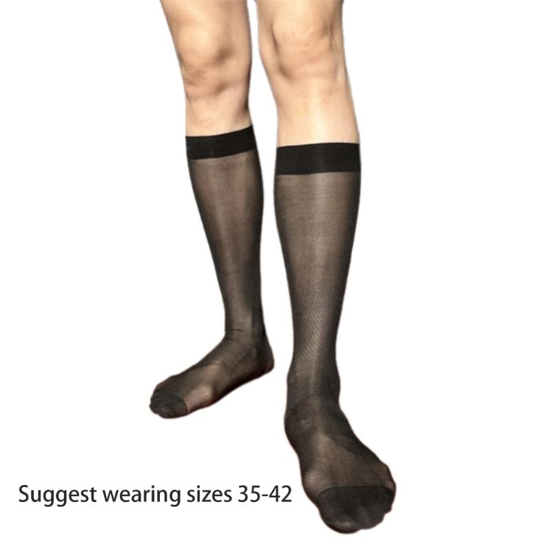 Men's Middle Calf Business Socks with Twill Pattern See Through Thin Nylon Dress Socks Stockings for Formal Occasion