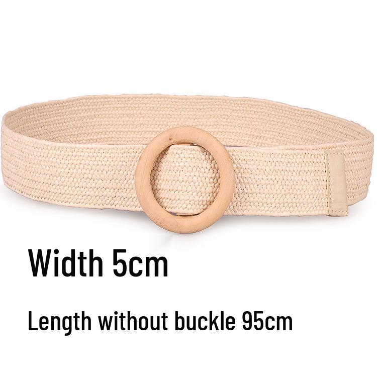 Damen Ethno-Stil Runder Holzschnallen Raffia Gewebter Taillengürtel