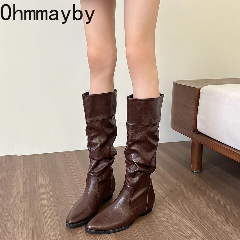 Cosy Soft Leather Women Knee High Boots Fashion Slip On Long Booties Street Style Winter Low Heel Shoes  De Mujer