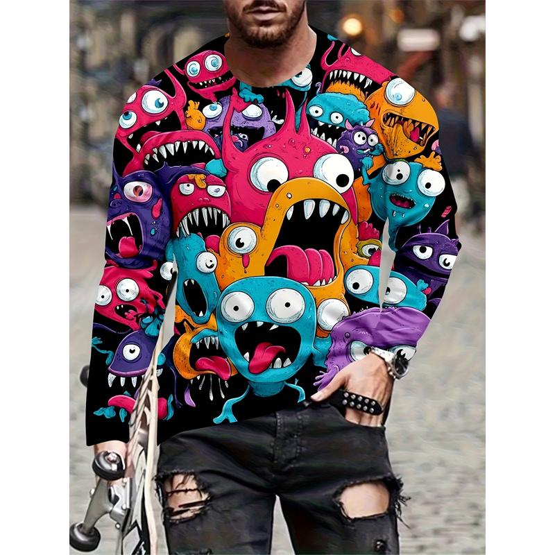 Colorful Little Monster Pattern T-Shirt For Men Fun Mysterious 3D Printed Tees Casual Long Sleeves Unisex T Shirts O-Neck Tops