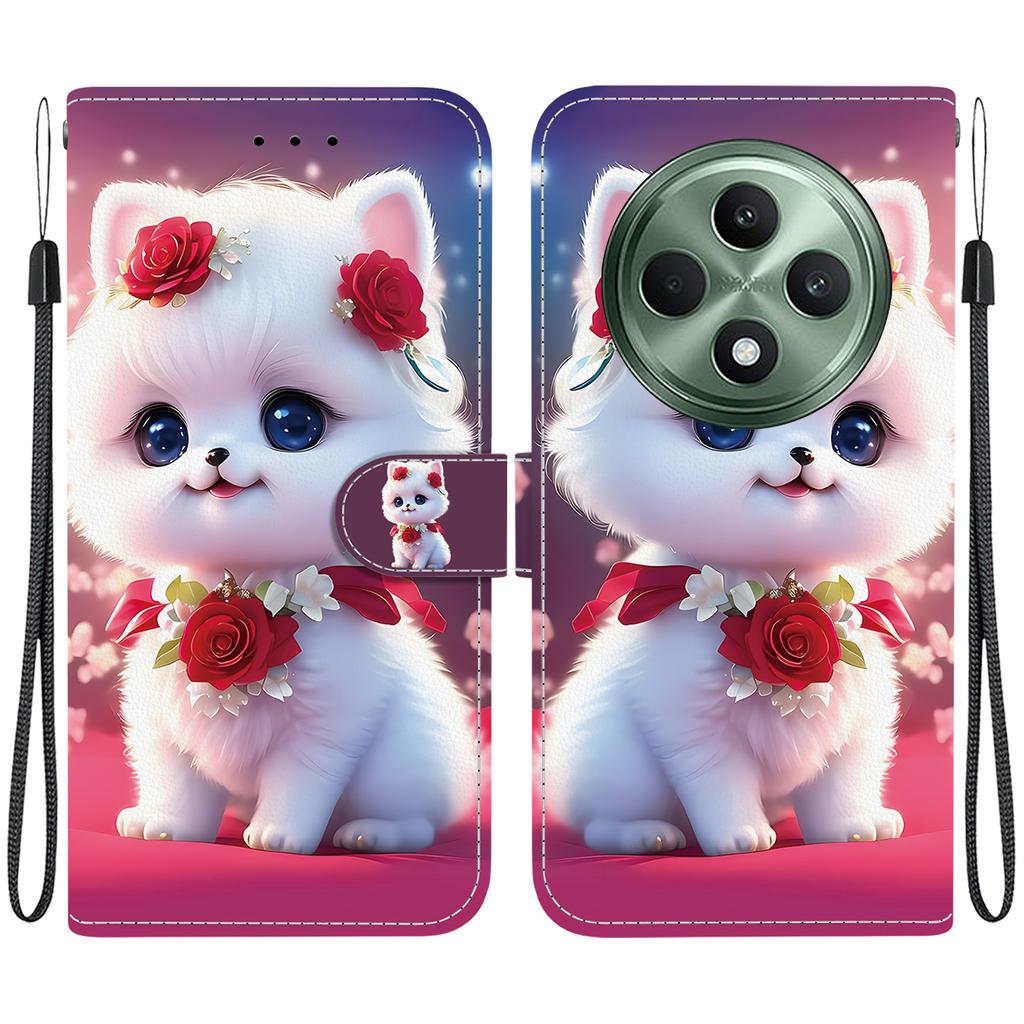 Ręcznie robione etui z klapką z PU skóry dla Oppo Reno12 F (5G/CPH2637) Antypoślizgowe Wstrząsoodporne Etui z Paskiem na Nadgarstek i Wzorami Kota/Róży/Serca