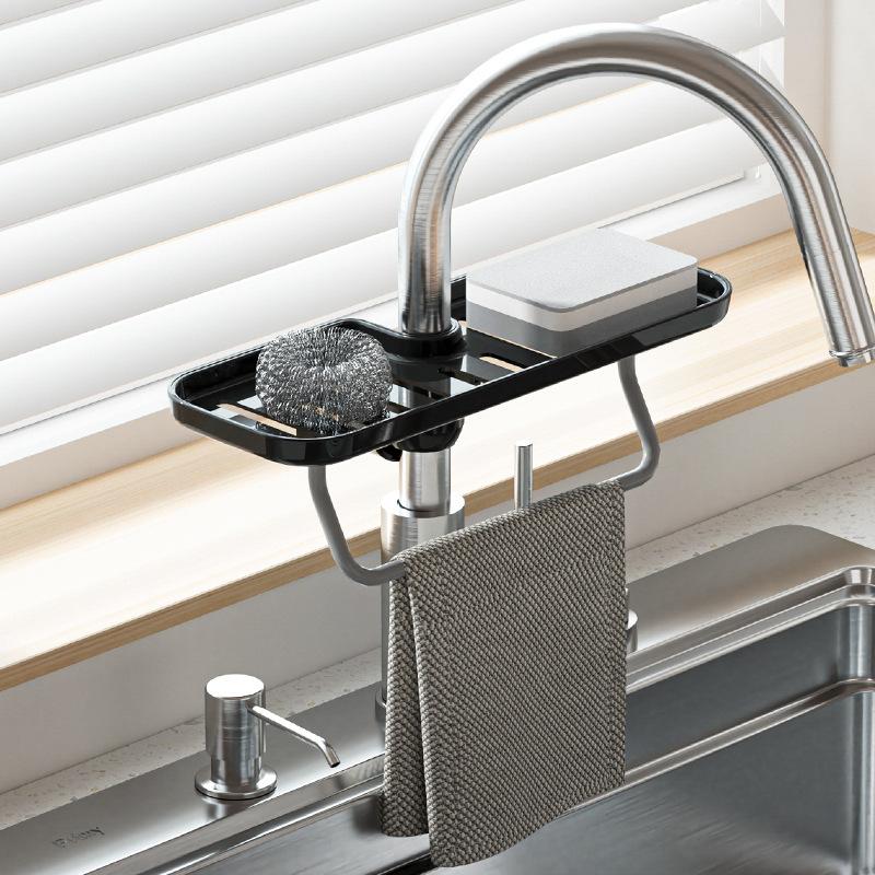

Kitchen Sink Organizer Dish Drainer Sponge Holder Water Faucet Storage Basket for Towels and Utensils Large/with rod [white]