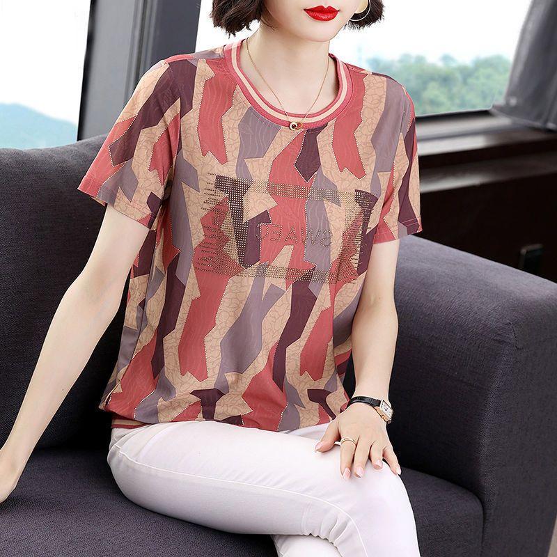 

Футболки Алмазы Круглый вырез Пуловеры Свободные Геометрические Короткий рукав Летние Тонкие Женская одежда Офисная леди Повседневная мода XXXL розовый