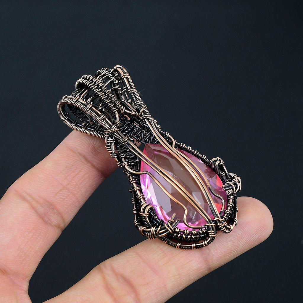 Dazzling Pink Kunzite Gemstone Handmade Copper Wire Wrap Jewelry Pendant