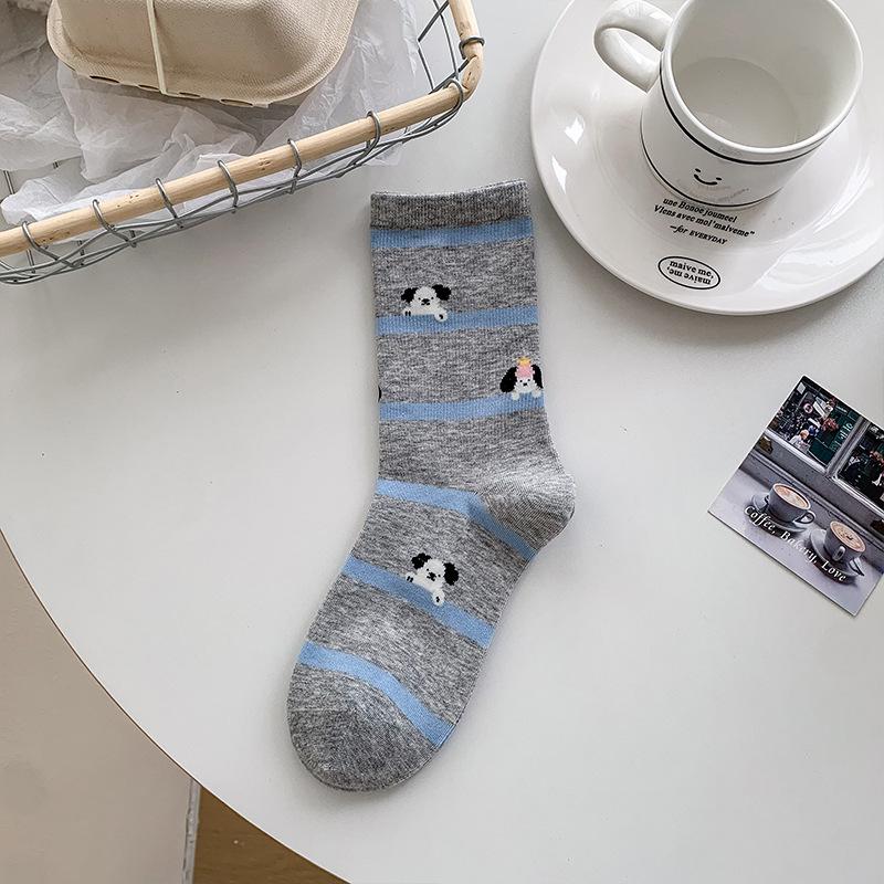 

Корейские женские носки до середины икры с мультяшным щенком 2025 - Милые серые в полоску, с цветными блоками, бесшовный дизайн One Size