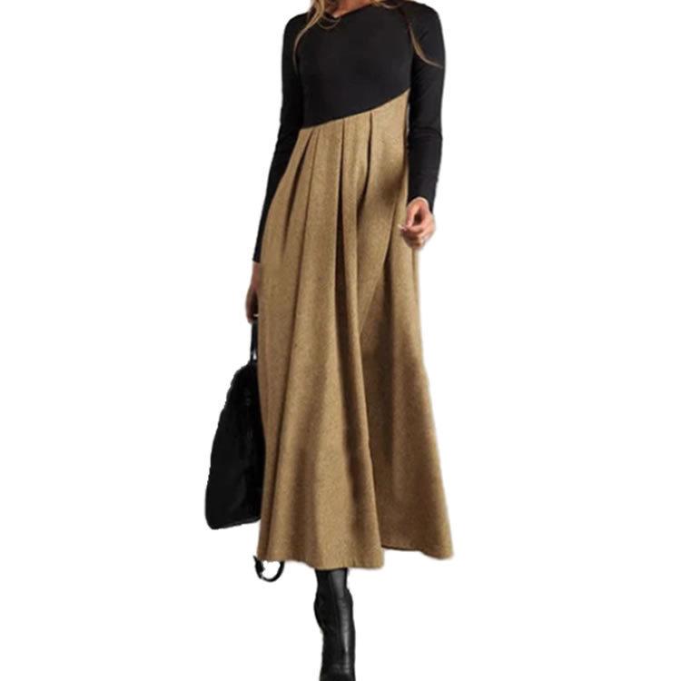 2023 Europejska i Amerykańska Damska Sukienka z Wełny Mieszanej w Patchwork z Bloków Kolorystycznych z Dekoltem w Serek