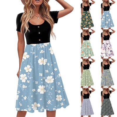 Mode Damen Sommer Vintage Blumenkleid Elegant Kurzarm Midi Kleid