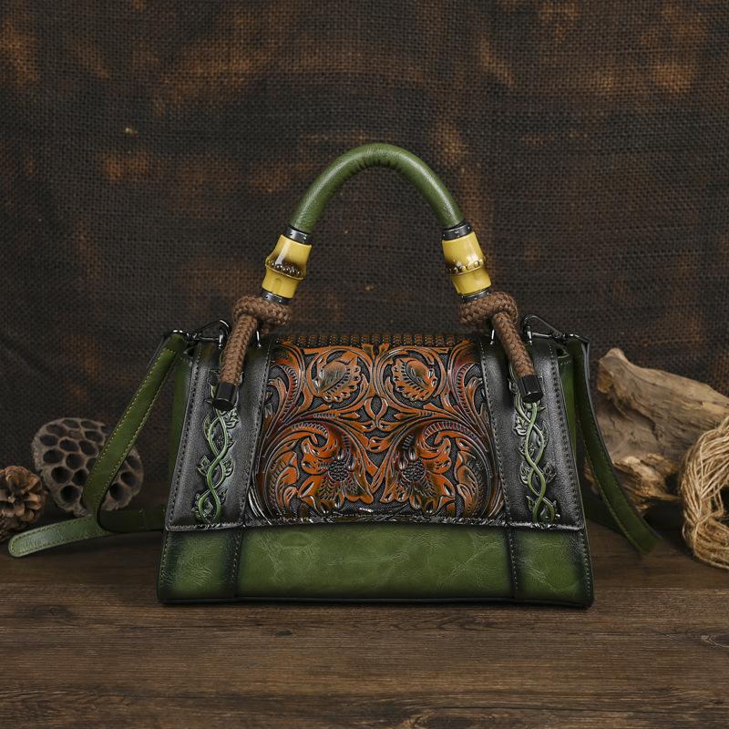 Johnature Chinese Style Embossed Leather Bag Vintage Large Capacity Women's Handbag Versatile Shoulder Bags