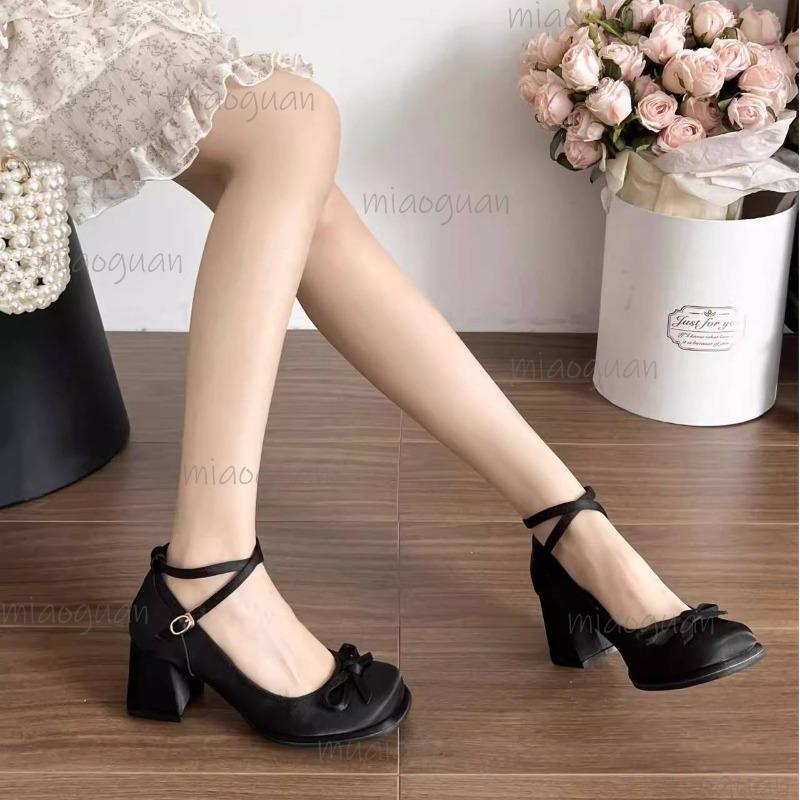 French Satin Bow Chunky Heel Mary Jane Shoes for Women Elegant Ankle Strap Square Toe High Heeled Pumps Ladies Lolita Shoes