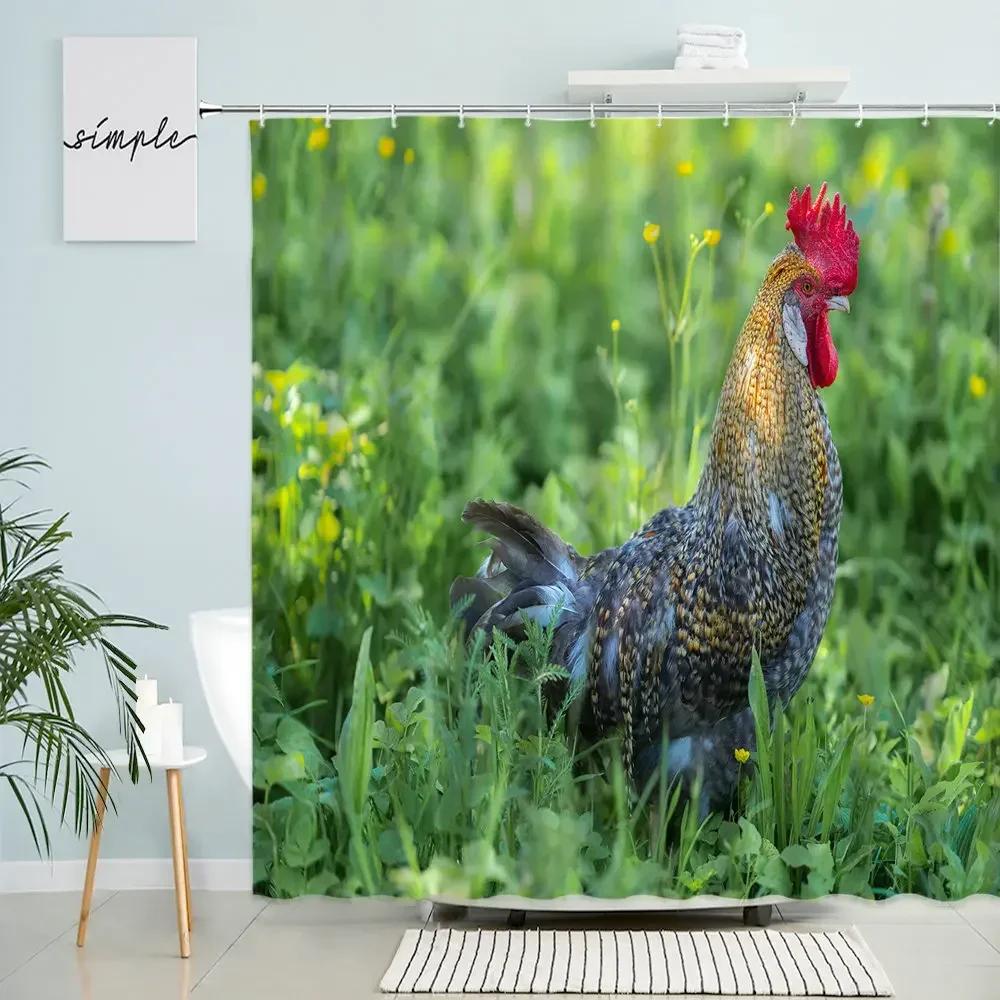 Chicken Shower Curtain Feather Poultry Animals Country Retro Old Farmhouse Barn Bathroom Wall Decor With Hooks Waterproof Screen