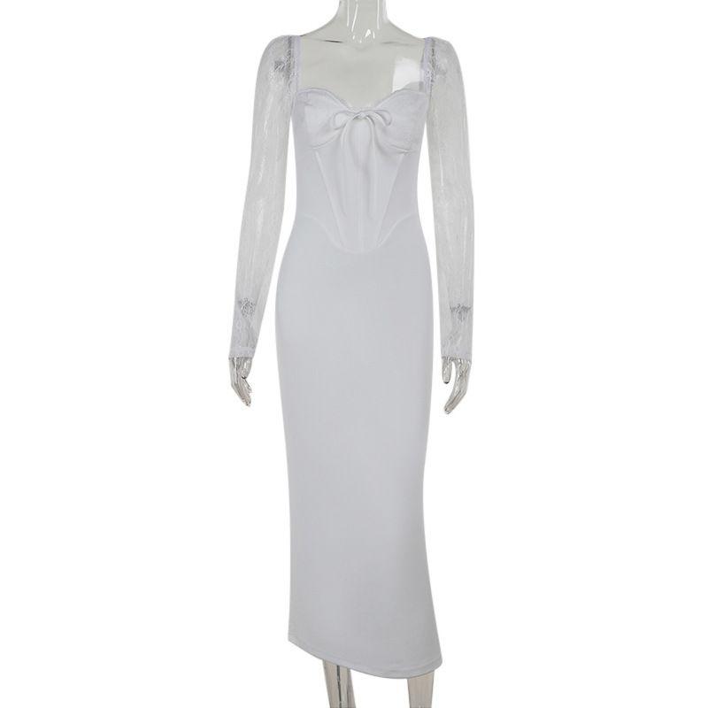 Lace Dress New Type Hip Skirt Fashion Style Sexy White Lace Long Sleeves Silm Elegant Dress Female