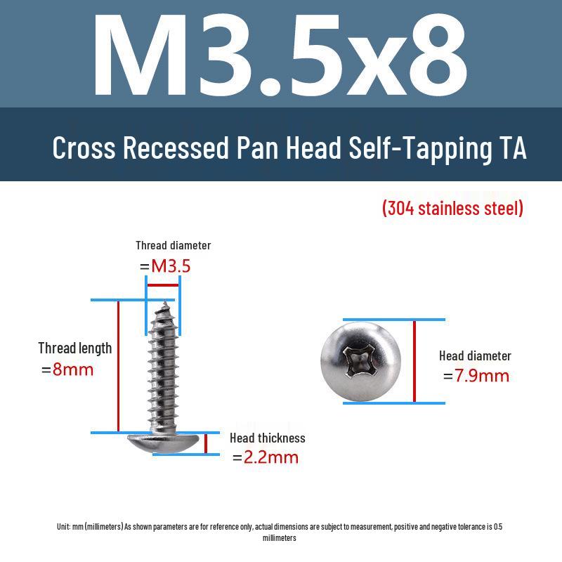 304 Stainless Steel Large Flat Head Self-Tapping Screws, TA Umbrella Head, Pointed Tail, M2-