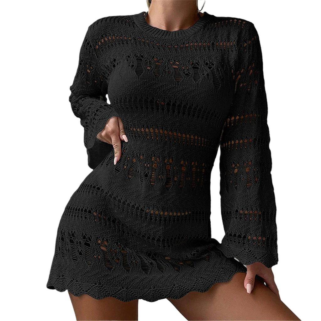 Women Crochet Beach Dress Bathing Suit Cover Up Female Long Sleeves Beach Cover Up Hollow Out Swimsuit Cover Up