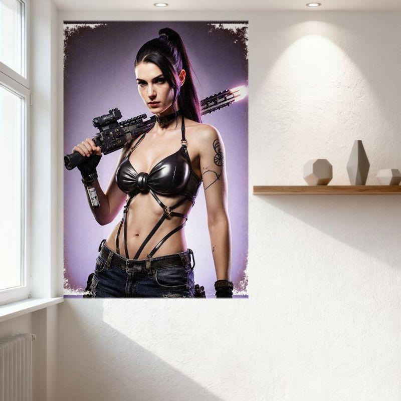Sexy Woman with High Ponytail Tin Sign, Futuristic Machine Gun, Vintage Border Metal Poster for Bar Home Cafe Wall Decor