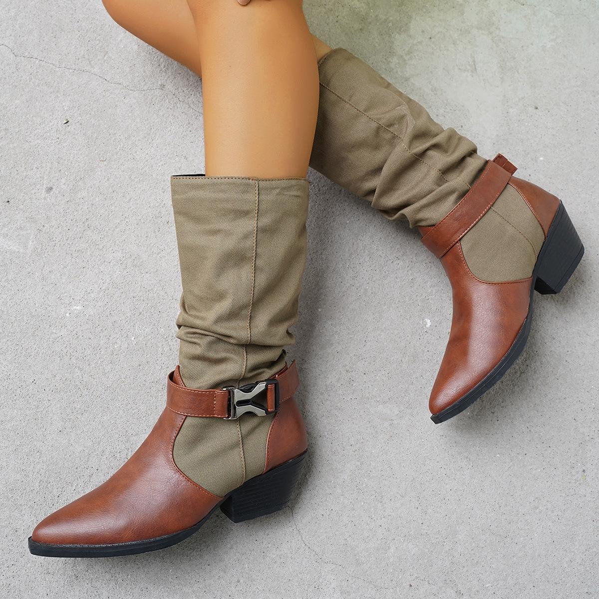 

British style pointed belt buckle Martin boots women s 2025 autumn and winter new contrasting color thick heel knight boots thick heel medium boots 41 темно-коричневого кольору