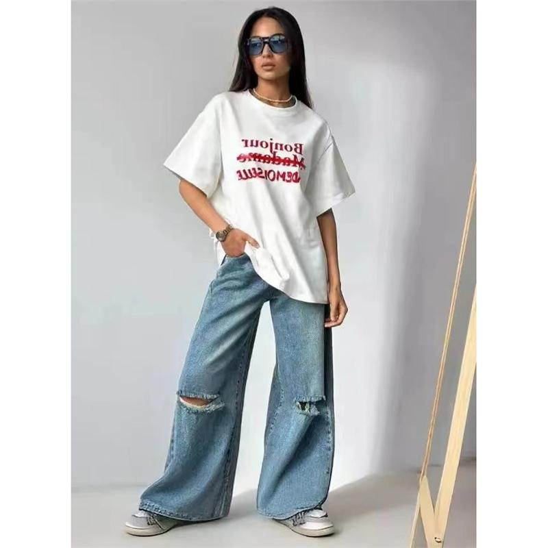 

Футболка из чистого хлопка с ретро-печатью букв 2024 года: Повседневный американский стиль, короткий рукав, универсальная летняя одежда M белый