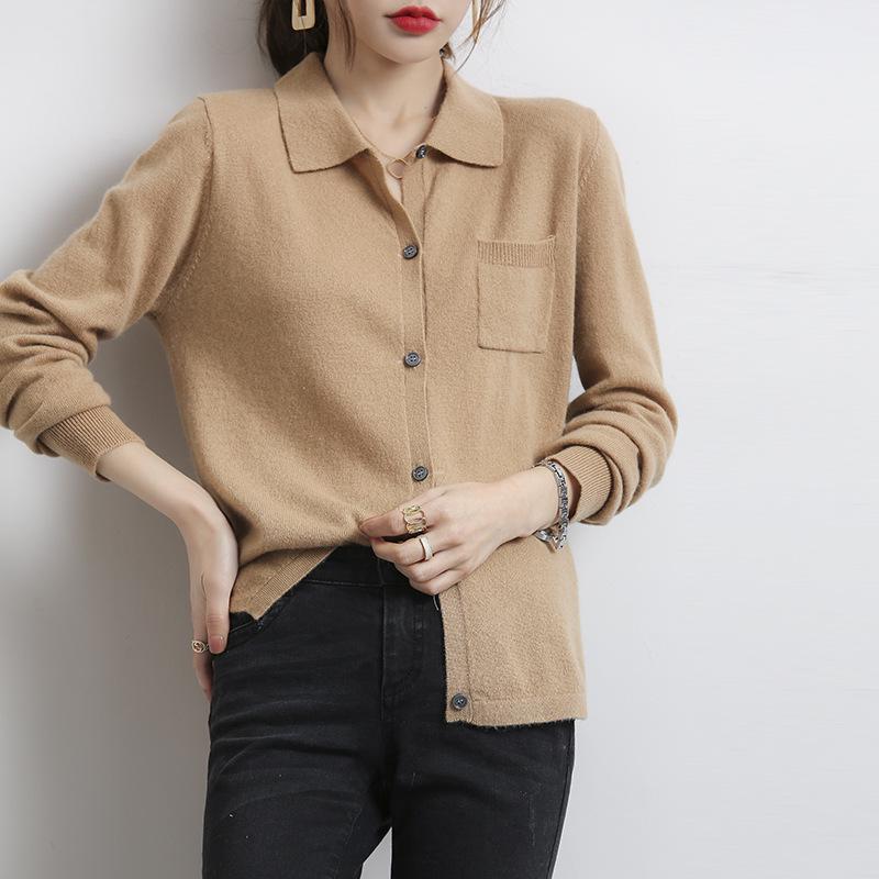 Women's 2023 Light Luxury Loose Knit Wool Polo Cardigan with Lapel Collar