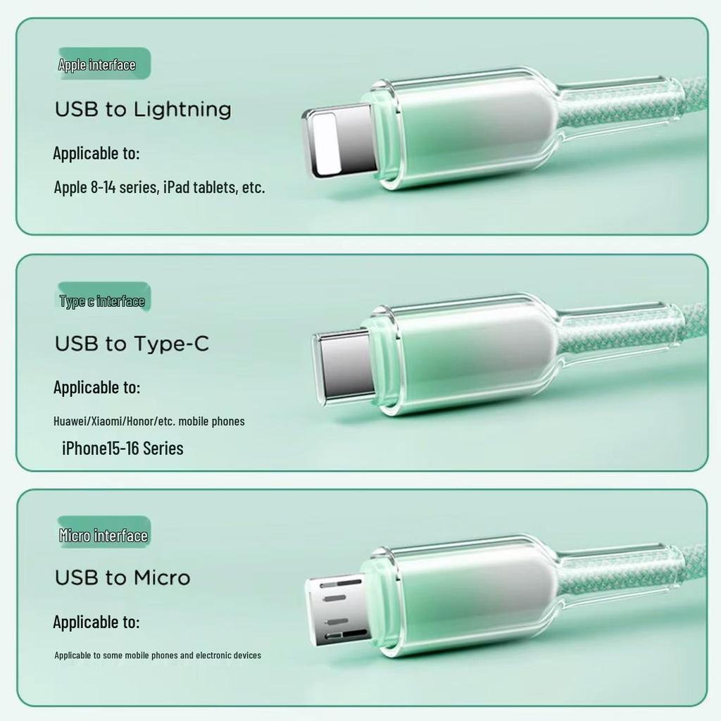 66W Ice Crystal Gradient Three-in-One Fast Charging Cable for Apple 16 & Huawei Type-C Phones