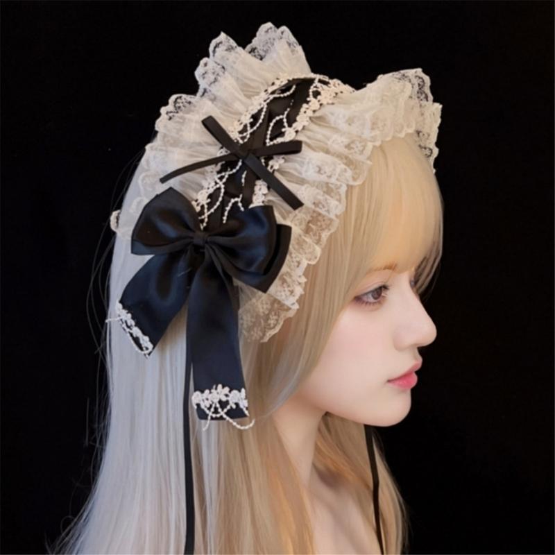 Rüschen-Spitzen-Kopfschmuck Stirnband Anime-Maid Cosplay Stirnband Lolitas Spitze Schleifen Kopfbedeckung Haaraccessoires Spitze Haarbänder