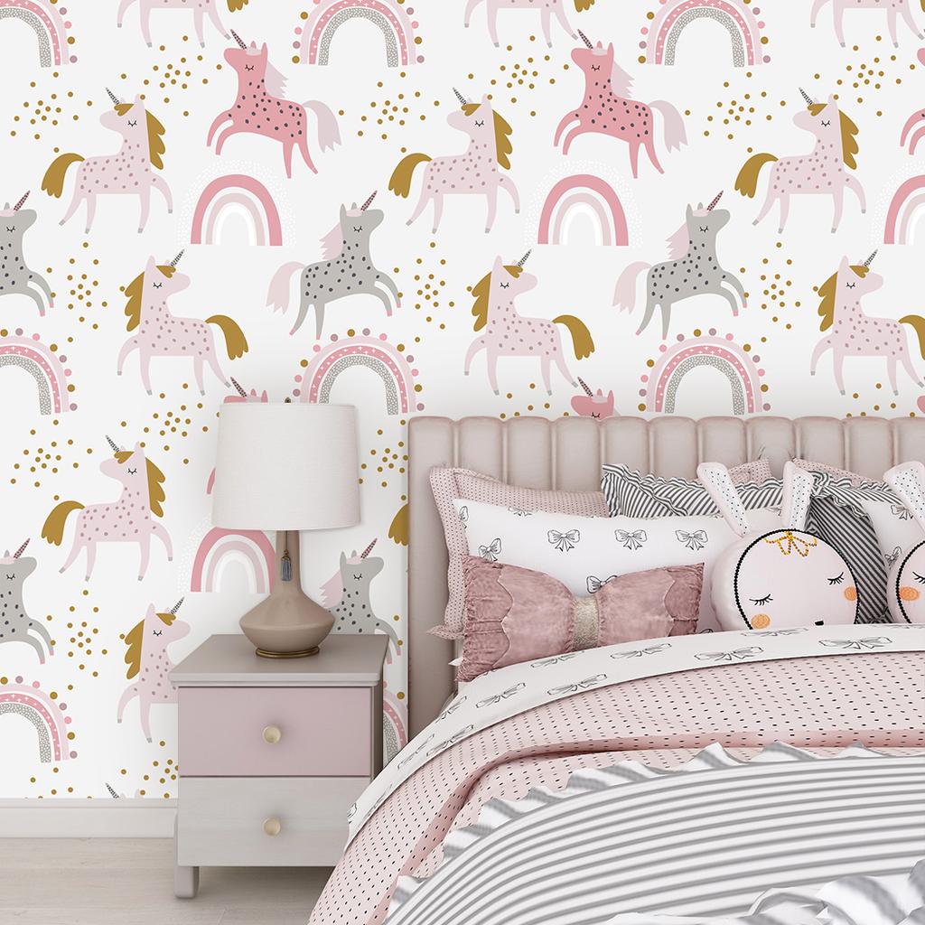 Cute Unicorn Rainbow Peel And Stick Cartoon Wallpaper Self-Adhesive Pink/Grey Wall Stickers for Kidroom Easy To Paste Home Decor