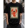 Men's Black Oversized Graphic T-Shirt With Funny Lobster Print, Short Sleeve Crewneck Summer Beach Vacation Streetwear Top