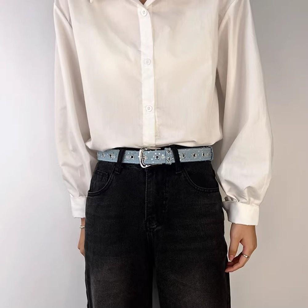 Luxury Star Hollowed Pin Buckle Retro Jeans Belt Korean Style Harajuku Metal Buckle Belts Wide Aesthetic Denim Belt Women
