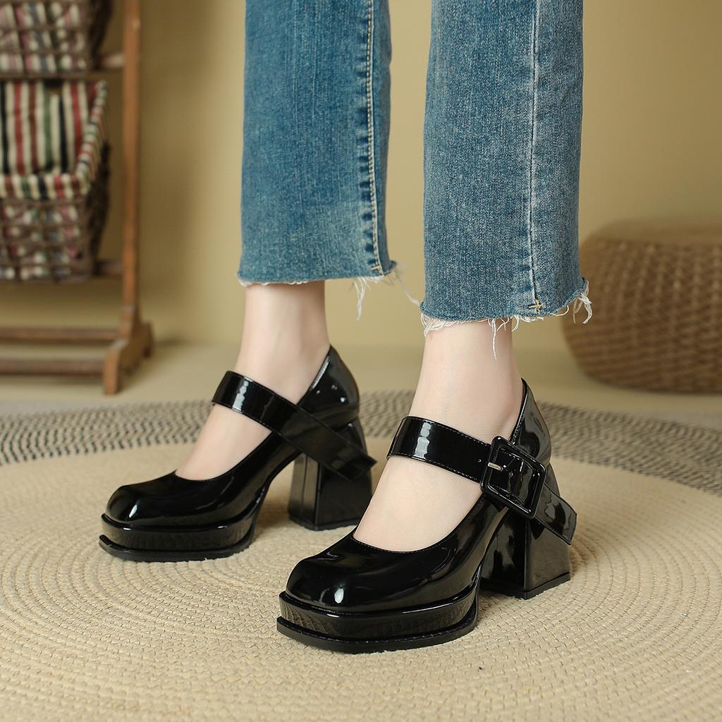 French Mary Jane High Heels Women's Short 2025 Early Spring Retro Square Head Women's Shoes Waterproof Table Thick Heel Single Shoes Women