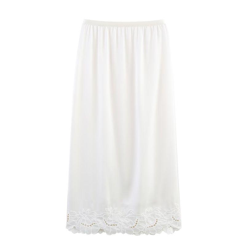 Kaslead New Women Clothes Western Style Carved Hole Embroidery Flower Acetate Satin Split Elastic Waist Skirt