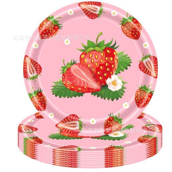 Cute Strawberry Disposable Tableware Set Kids Birthday Party Plates Cups Tablecloth Decor