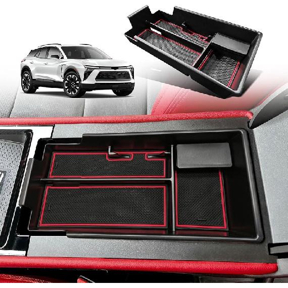 BestEvMod Center Console Organizer Tray Compatible with Chevy Blazer EV 2023 2024 Interior Accessories Armrest Storage Box ABS Material with PVC Trim