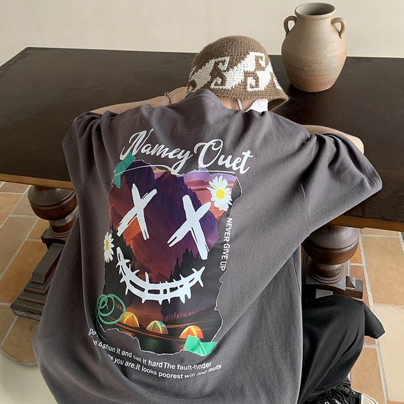 

Youthful Vitality American Printed T-shirts Men s Clothing Casual Round Neck Summer Vintage Chic Loose Short Sleeve Pullovers XXXL темно серый