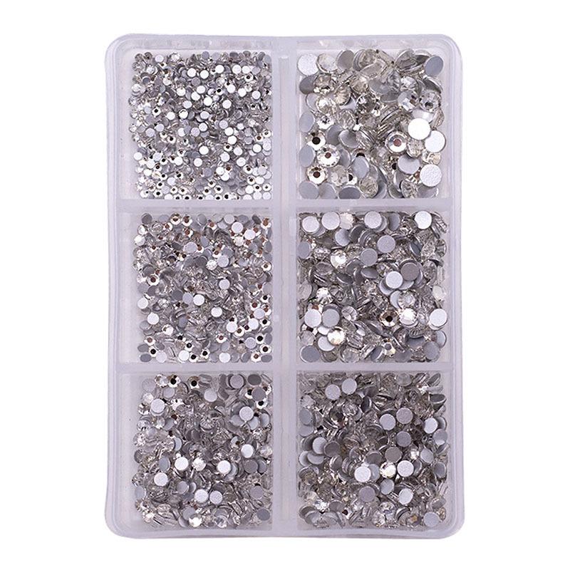 Mixed Color AB Rhinestones: Round, Flat Bottom, Silver & White in 6-Grid Box for DIY Nail Art.