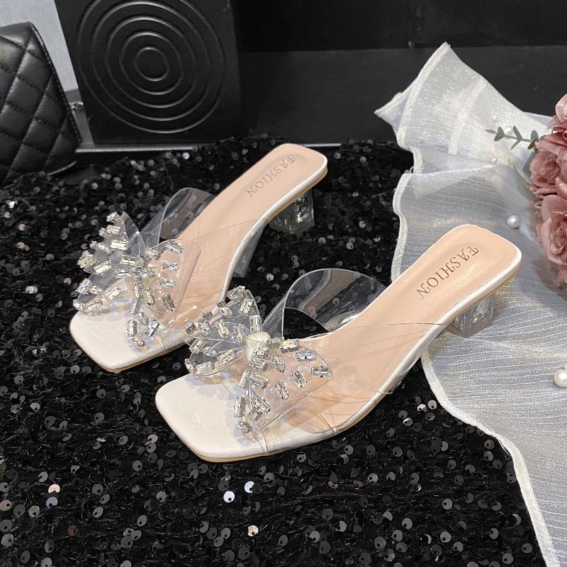 

Internet celebrity rhinestone transparent cool slippers women s summer new square head fashion versatile crystal thick high heel slippers 35