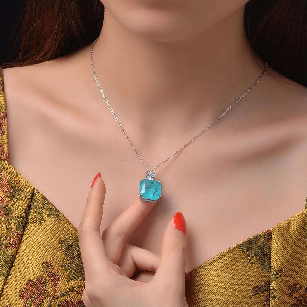 Tancise Jewelry 925 Silver Sea Ocean Blue Pendant Chamfered Square 15 * 15 Lucky Necklace 40 + 3
