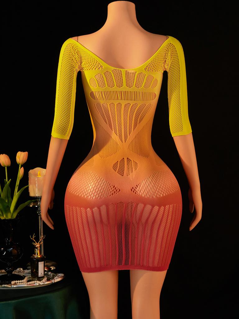 Fhseer Women'S Sexy Lingerie Gradient Color See Through Mesh Dress Half Sleeve Cutout Bodycon Mini Dress Night Club Party Wear