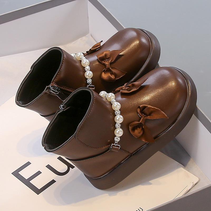 Girls' Vintage Leather Boots Autumn  Side Zipper Chiffon Bow Princess Ankle Boots With Pearl Decoration