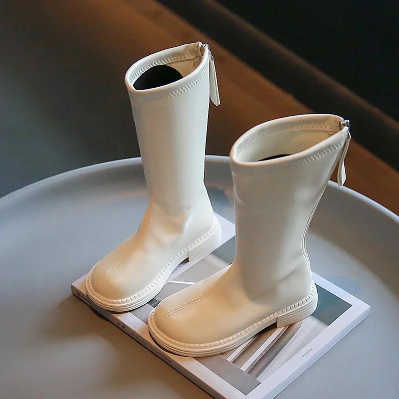 

Children Knee-high Boots for Girls Simple Classic Kids Leather Boots Back Zipper Long Motorcycle Winter Rubber Boots 27 бежевый