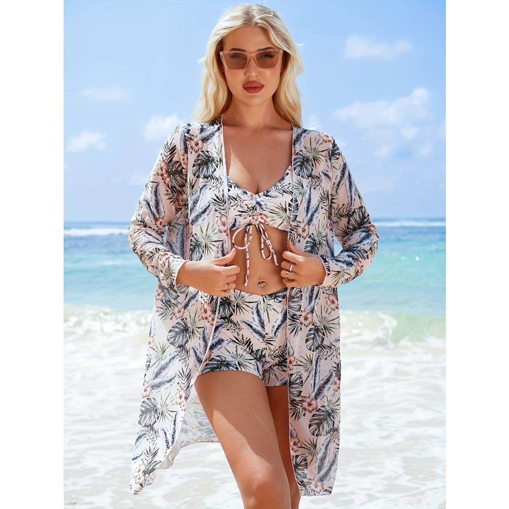 Bikini de Tres Piezas para Mujer con Pantalones Cortos tipo Boy Short, Bañador de Moda con Lazo y Cubre Traje de Playa