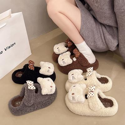 Cute Cartoon Solid Color Sweetheart Bow Kt Cat Fluffy Slippers Women's 2025 Autumn and Winter New Outer Cotton Slippers
