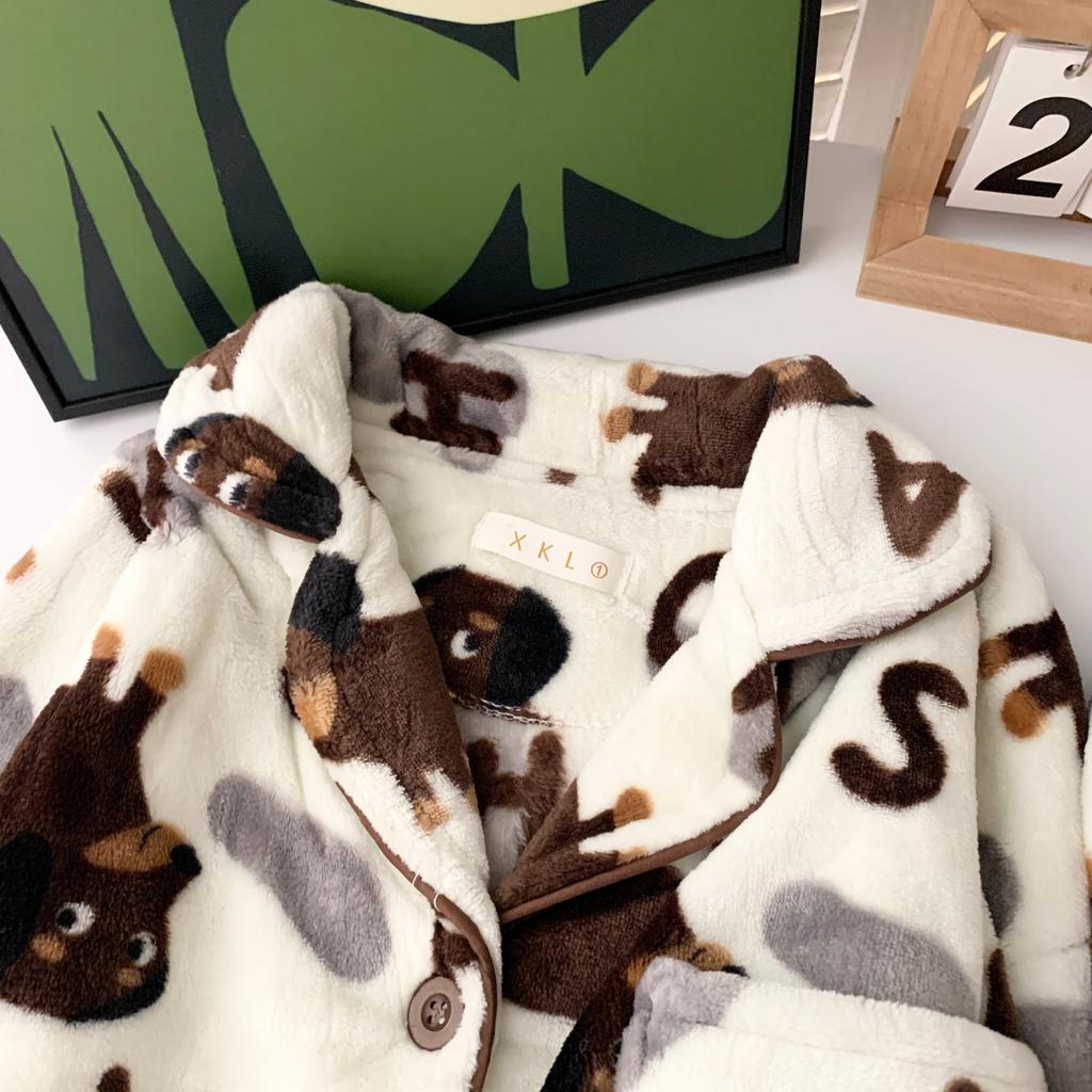 Fall Winter Women's Pajamas Cute Dachshund Print Fleece Thick Two Pieces Set Nightgown Lounge Long Sleeve Pants