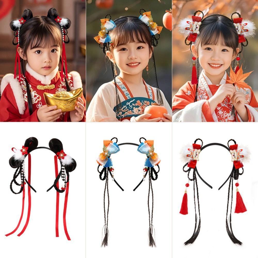 Braid Hair Chinese New Year Headwear Tassel Red Bow Hairband Simple Children Wig Headband  Children