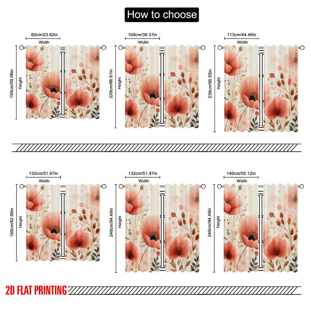 Flat Printing Party Window Curtains Coral Flowers Watercolor Floral Polyester Without Electricity Festive Wall Curtain Set Of 2 Made Washable