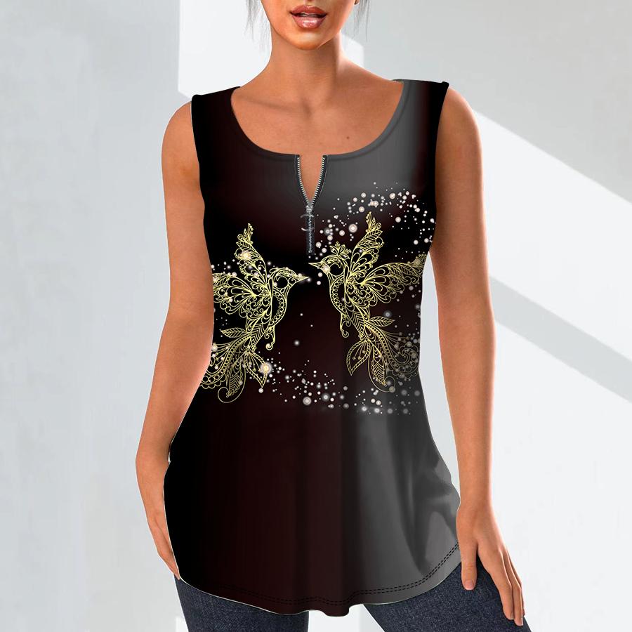 Women's Fashion V Neck Shirts Casual Tops T-shirt Ladies 3D Golden Bird Print Vest Plus Size Sleeveless Blouse Tank Tops