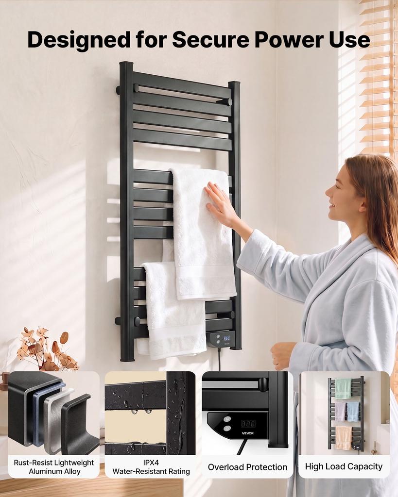 VEVOR Heated Towel Warmer Rack for Bathroom Electric Wall Mounted 12 Bars, Aluminum Alloy Towel Warmer, Overheat Protection