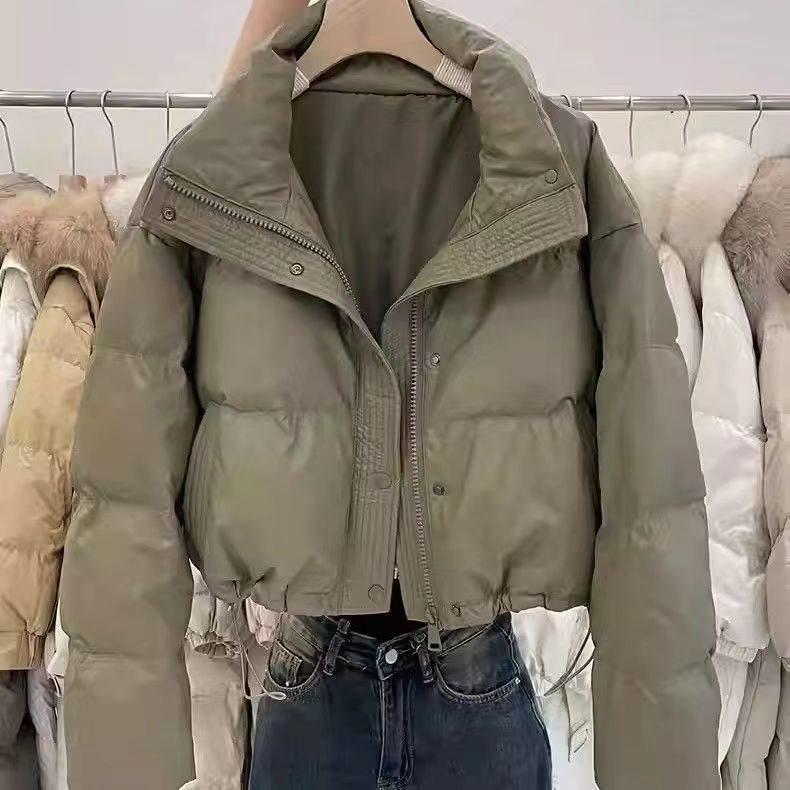 Tvättfri Läderolja Vinterkappa: Förtjockad, Varm, Koreansk stil, Ståkrage, Kort längd, Åldersreducerande, Lätt lyxig damjacka.